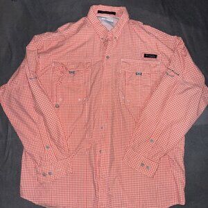 Columbia PFG Omni Shade Super Bahama Shirt Men’s Large Orange Check LS Fishing